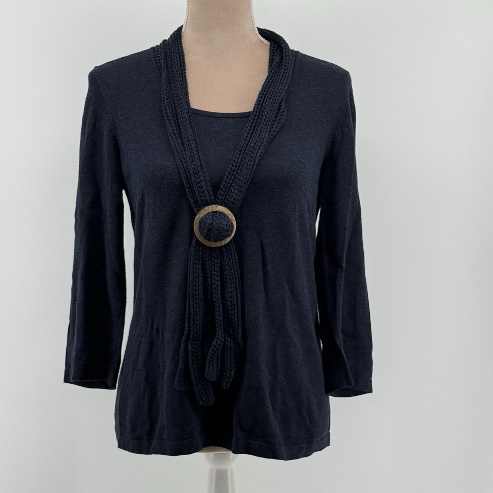 Christopher & Banks Women's S Sweater Blue 3/4 Sleeve‎ Scarf Neckline Cork Ring